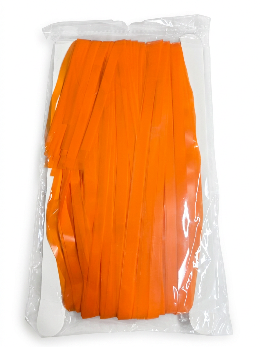 Orange fringe curtain with long tassel strips, sealed in clear packaging bag