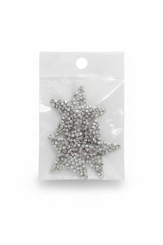 Silver rhinestone star applique with sparkling crystal stones, in a clear pack
