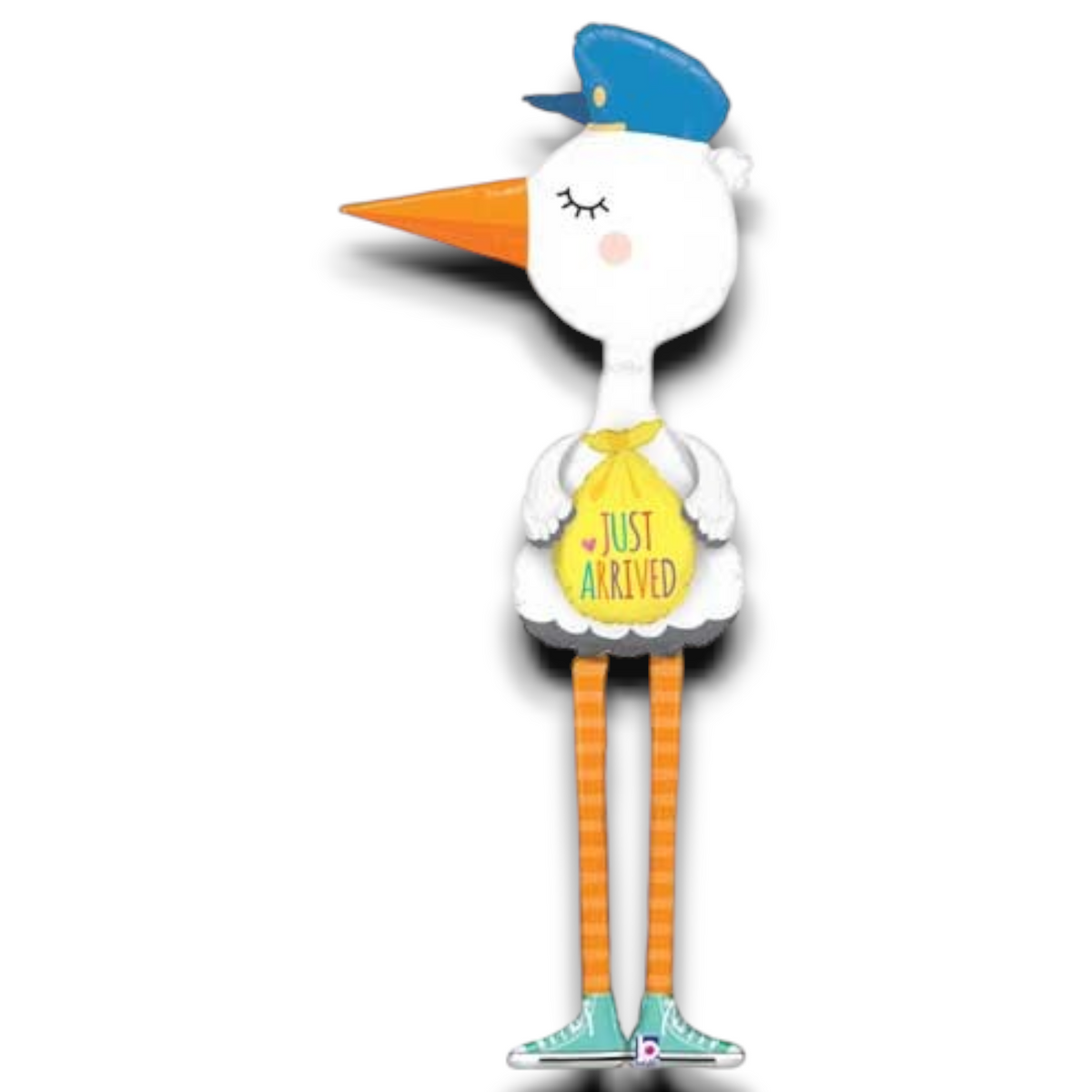 Stork-shaped foil balloon with blue cap and orange beak, holding “Just Arrived” sign