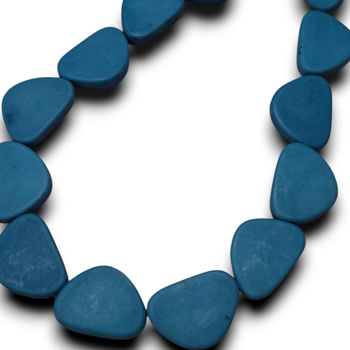 Light blue flat triangle resin beads strand forming a loop with smooth beads