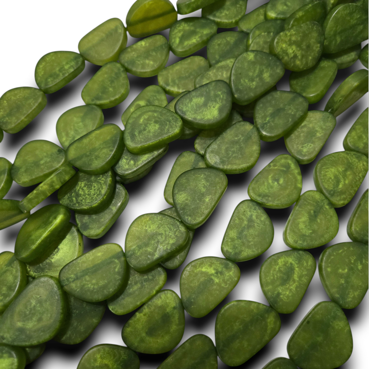 Translucent green triangle resin beads on strand
