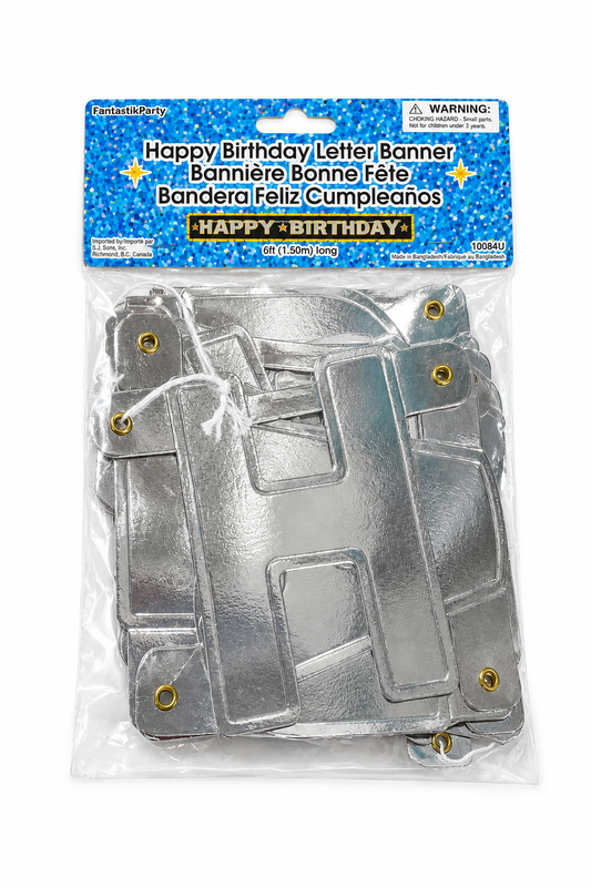 Silver foil Happy Birthday letter banner, 5 ft with hanging grommets