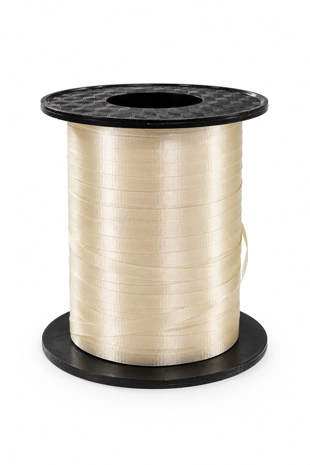Beige curling ribbon roll on black spool, tightly wound ribbon