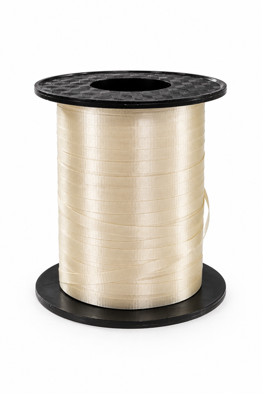 Beige curling ribbon roll on black spool, tightly wound ribbon
